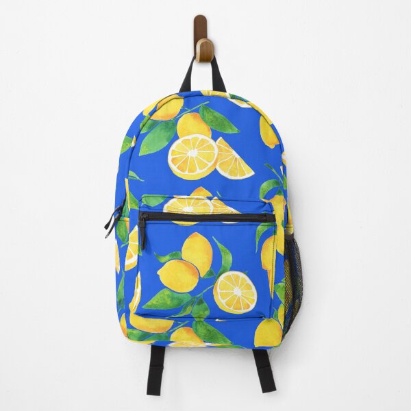Item preview, A watercolor pattern of lemons and leaves on blue designed and sold by Hillary Holt.