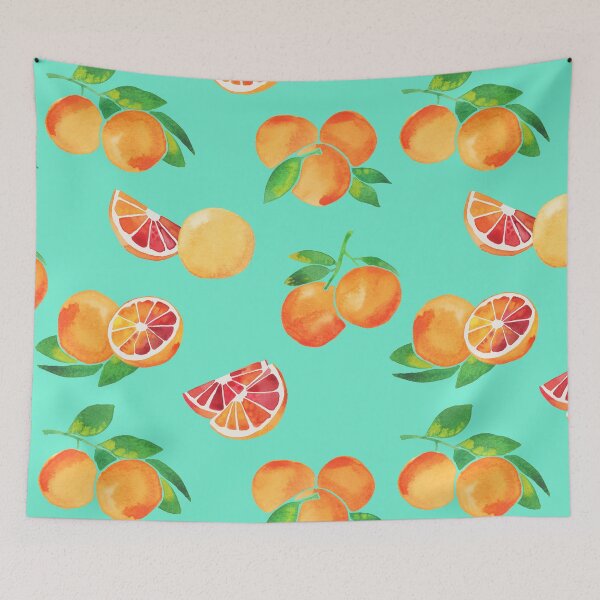 Item preview, A watercolor pattern of blood oranges and leaves on teal designed and sold by Hillary Holt.