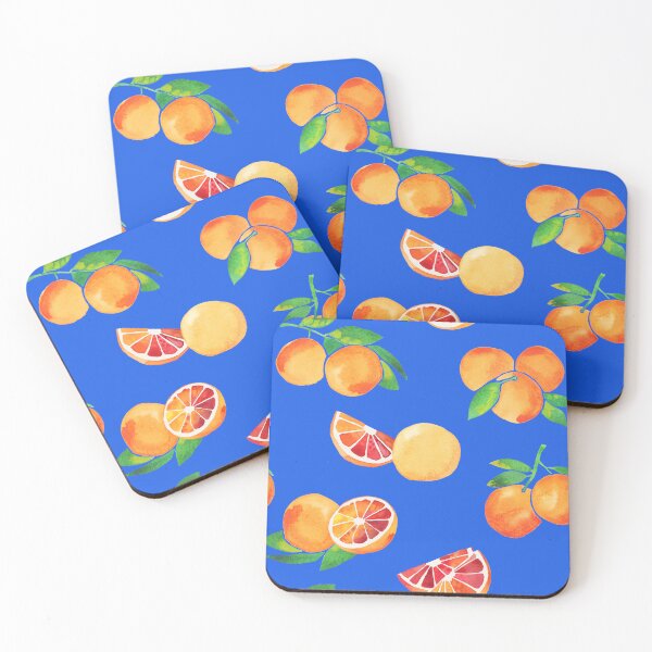 Item preview, A watercolor pattern of blood oranges and leaves on blue designed and sold by Hillary Holt.