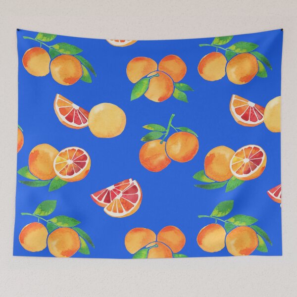 Item preview, A watercolor pattern of blood oranges and leaves on blue designed and sold by Hillary Holt.