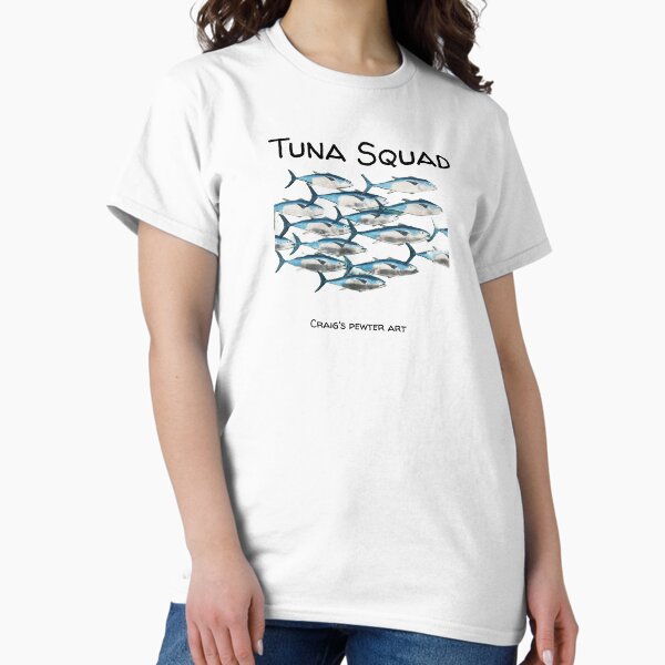 Vista previa del artículo con la obra «Escuadrón de atún», diseñado y vendido por CES Tees.