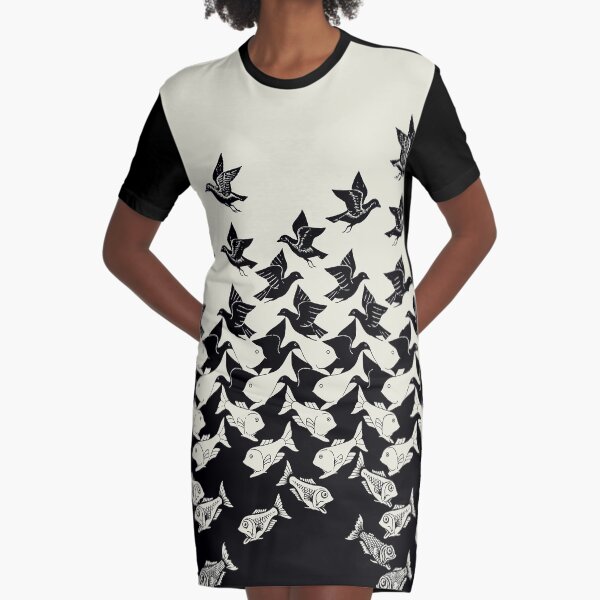 Fish and Birds Art Deco Tessellation Graphic T-Shirt Dress