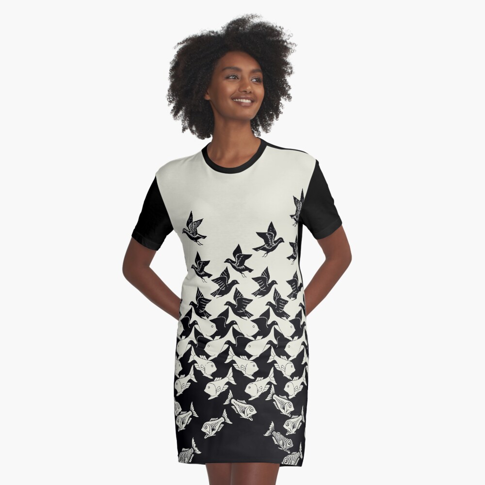 Fish and Birds Art Deco Tessellation Graphic T-Shirt Dress