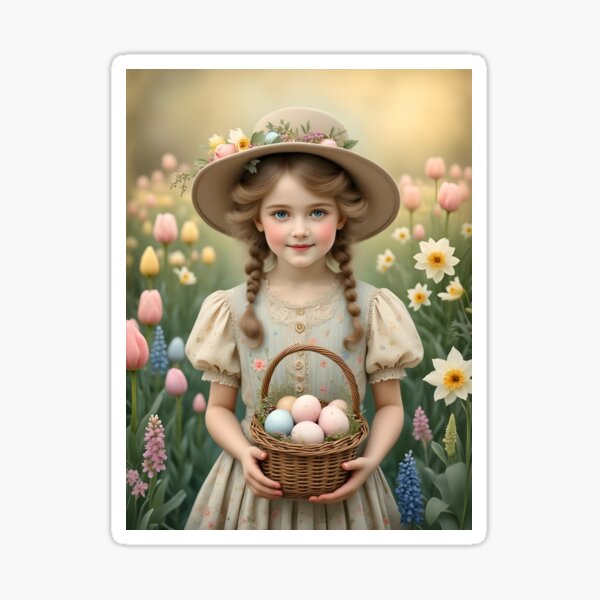 Item preview, Vintage Girl, Easter Hat, & Egg Basket designed and sold by ACuriousshoppe.