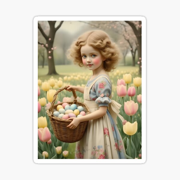 Item preview, Vintage Easter Postcard: Girl, Frock, Basket, Tulips designed and sold by ACuriousshoppe.