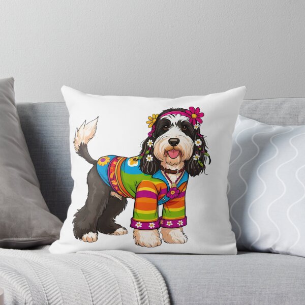 Item preview, Groovy 1970s Hippy Bernedoodle Cartoon – Peace, Love & Paws designed and sold by Fredster1966.