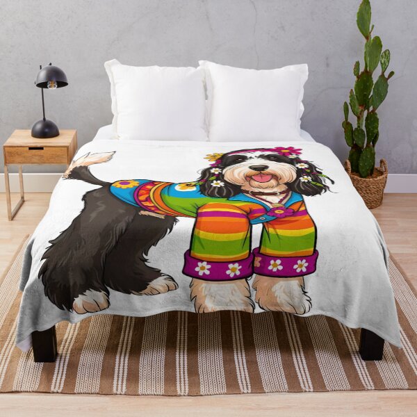 Item preview, Groovy 1970s Hippy Bernedoodle Cartoon – Peace, Love & Paws designed and sold by Fredster1966.