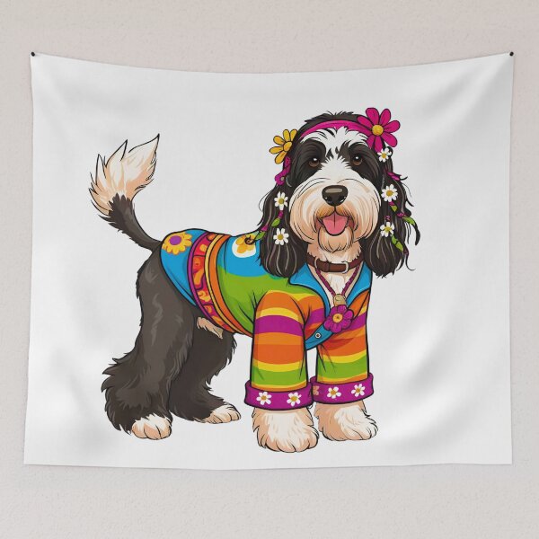 Item preview, Groovy 1970s Hippy Bernedoodle Cartoon – Peace, Love & Paws designed and sold by Fredster1966.