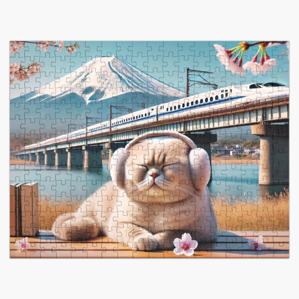 Vista previa del artículo con la obra «Gato Scottish Fold y Shinkansen, impresión artística de primavera japonesa, Sakura,», diseñado y vendido por MomoPopDesigns.