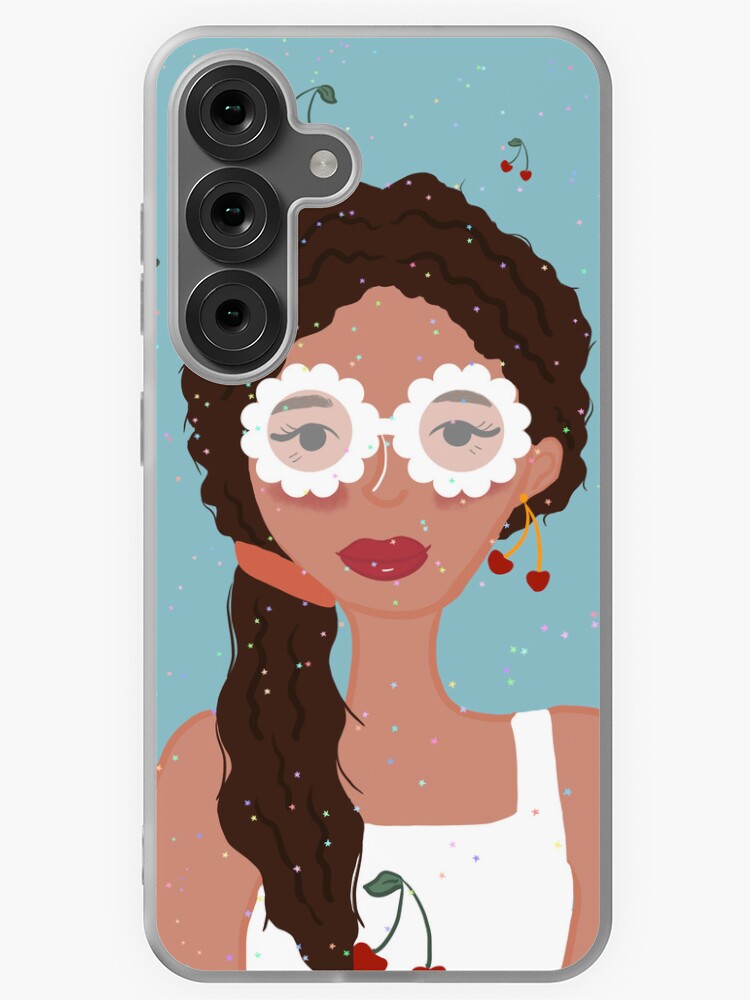 Thumbnail 1 of 4, Samsung Galaxy Phone Case, Retro Cherry Girl Portrait | Floral Glasses & Sparkles designed and sold by tinycrafthouse.