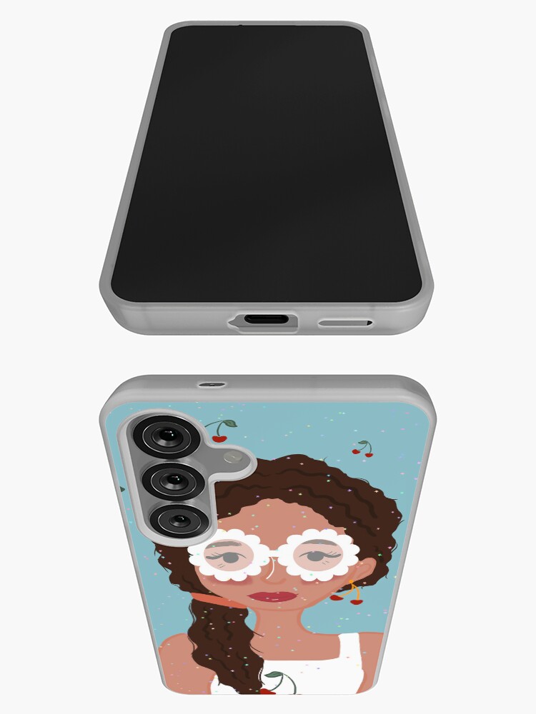 Thumbnail 3 of 4, Samsung Galaxy Phone Case, Retro Cherry Girl Portrait | Floral Glasses & Sparkles designed and sold by tinycrafthouse.