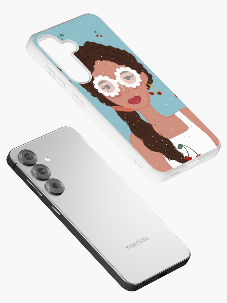 Thumbnail 2 of 4, Samsung Galaxy Phone Case, Retro Cherry Girl Portrait | Floral Glasses & Sparkles designed and sold by tinycrafthouse.