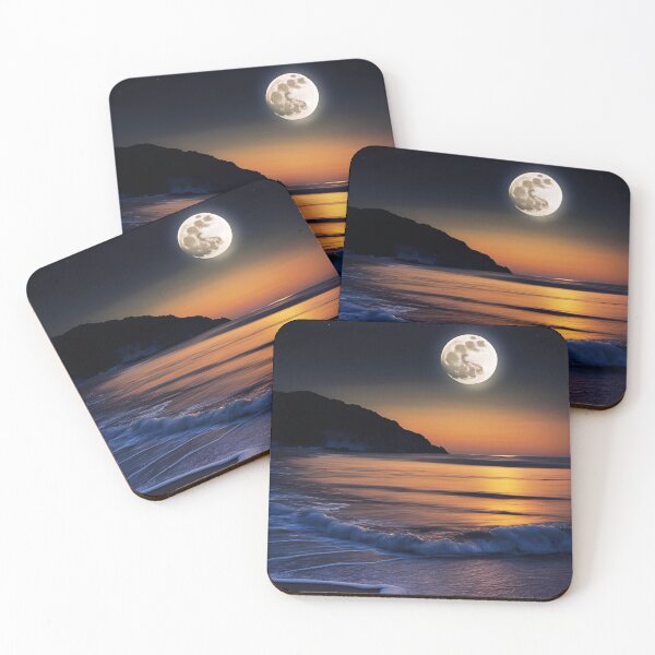 Item preview, Sunset at the Beach Glowing Full Moon in the Night Sky, Crashing Waves designed and sold by ChicLA.