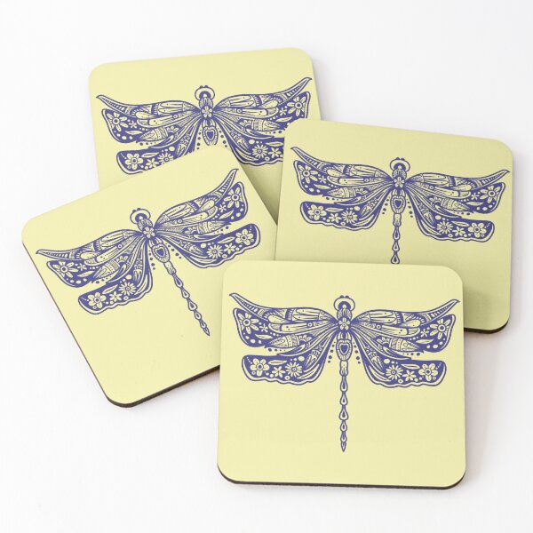 Item preview, Navy Blue Floral Dragonfly Design on light yellow designed and sold by Giulia  Palazzo.