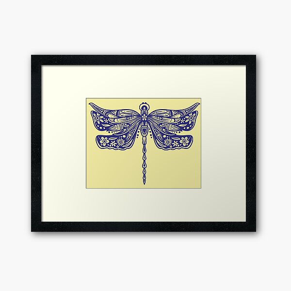 Item preview, Navy Blue Floral Dragonfly Design on light yellow designed and sold by Giulia  Palazzo.