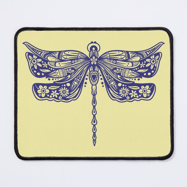 Item preview, Navy Blue Floral Dragonfly Design on light yellow designed and sold by Giulia Palazzo.