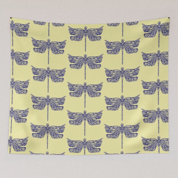 Item preview, Navy Blue Floral Dragonfly Design on light yellow designed and sold by Giulia  Palazzo.