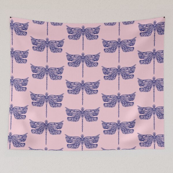 Item preview, Navy Blue Floral Dragonfly Design on light pink designed and sold by Giulia  Palazzo.