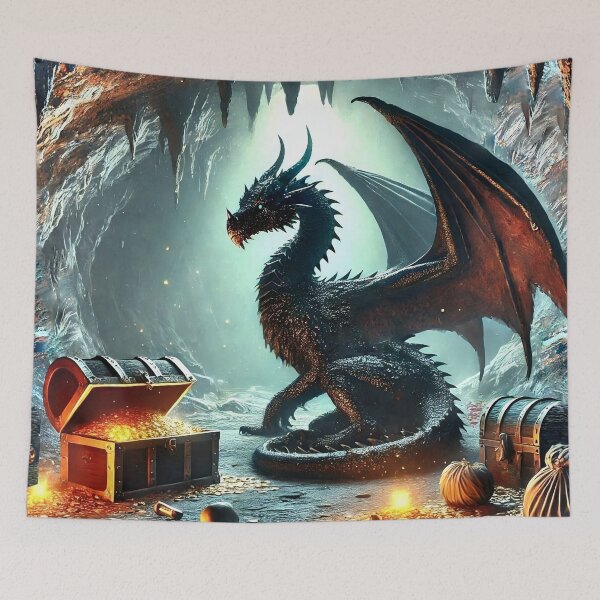 Item preview, Fantasy Dark Dragon in Dungeon Cave with Treasure Wings Fantasy Mythical, dnd dandd drake draco  designed and sold by TheTimeTaxi.