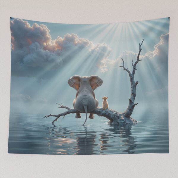 Item preview,  elephant and dog sit on a tree escaping from the flood designed and sold by Mike Kiev art.