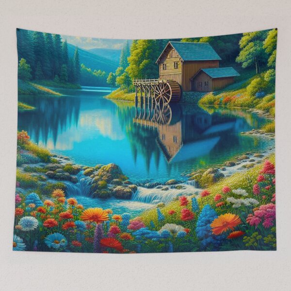 Item preview, Dreamy countryside rustic water mill and wild flowers designed and sold by PinkPandaDesign.