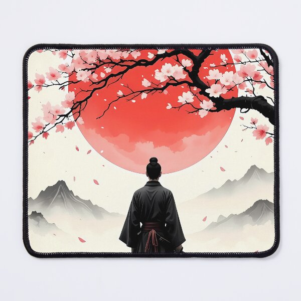 Item preview, Samurai Japandi Art | Japanese Sumi-e Ink  | Cherry Blossom & Red Sun Wall Art | Minimalist Zen Decor designed and sold by Evelyn's Walls.