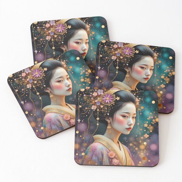 Item preview, Beautiful Japanese geisha in sparkles,  kimono, golden and purple  designed and sold by Coolparrotgirl.