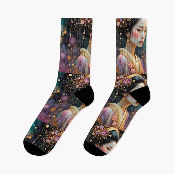 Item preview, Beautiful Japanese geisha in sparkles,  kimono, golden and purple  designed and sold by Coolparrotgirl.
