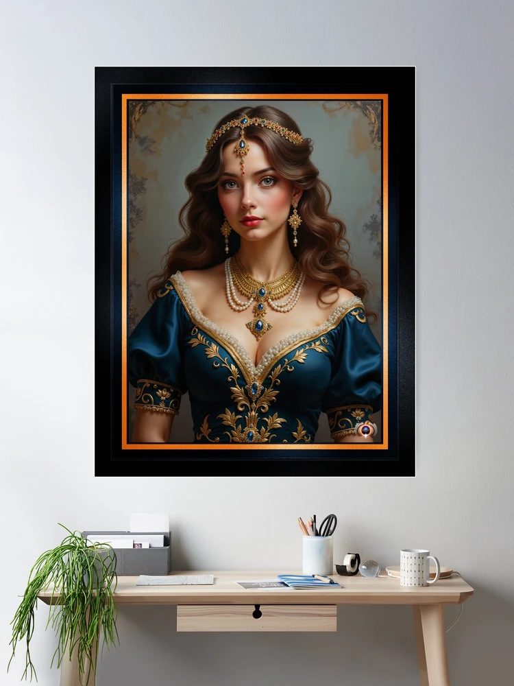 A Timeless Portrait of Anna-Marie in a Gold Embroidered Teal Dress Captivating AI Concept Art by Xzendor7 Wall Decor Poster Art Print