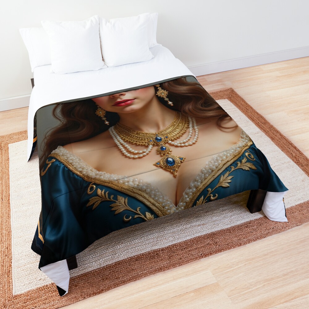 A Timeless Portrait of Anna-Marie in a Gold Embroidered Teal Dress Captivating AI Concept Art by Xzendor7 Decorative Art Print Comforter