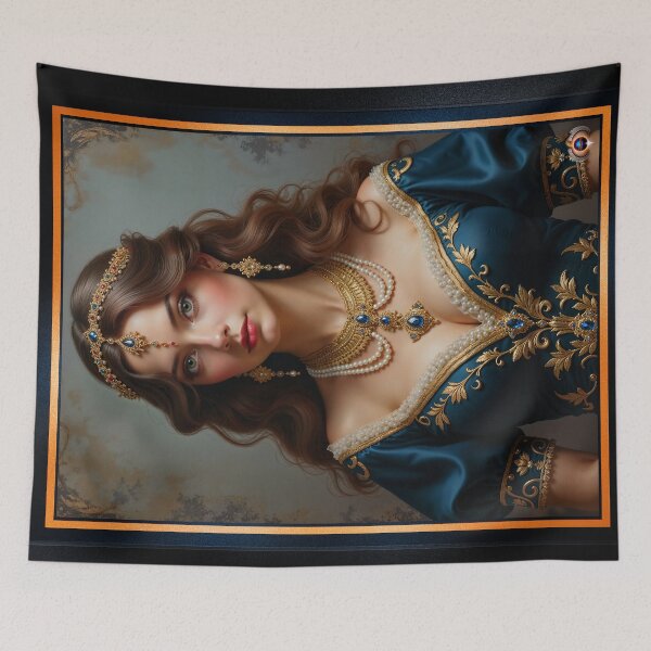 Item preview, A Timeless Portrait of Anna-Marie in a Gold Embroidered Teal Dress Captivating AI Concept Art by Xzendor7 designed and sold by Xzendor7 Digital Art Creations.