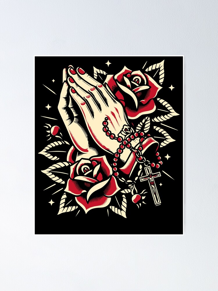 Rosary Tattoo, Praying Hands in Old School Tattoo Style