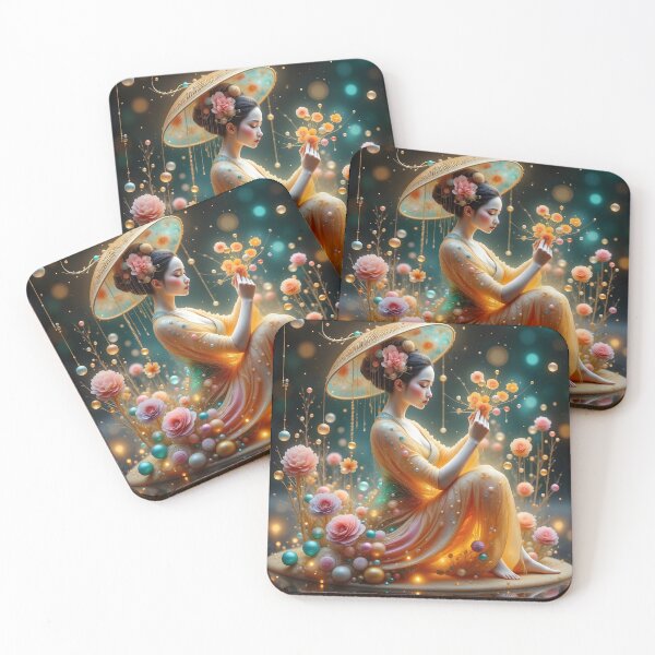 Item preview, Beautiful Japanese geisha in sparkles,  kimono, gold, bubbles  designed and sold by Coolparrotgirl.