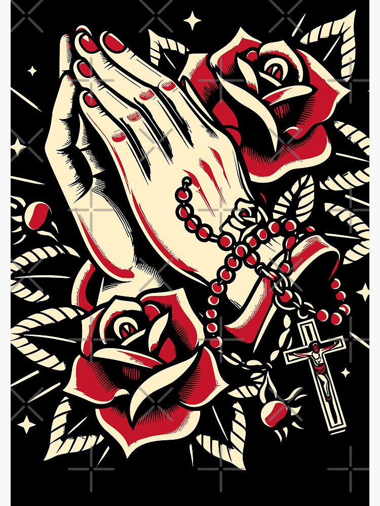 Rosary Tattoo, Praying Hands in Old School Tattoo Style