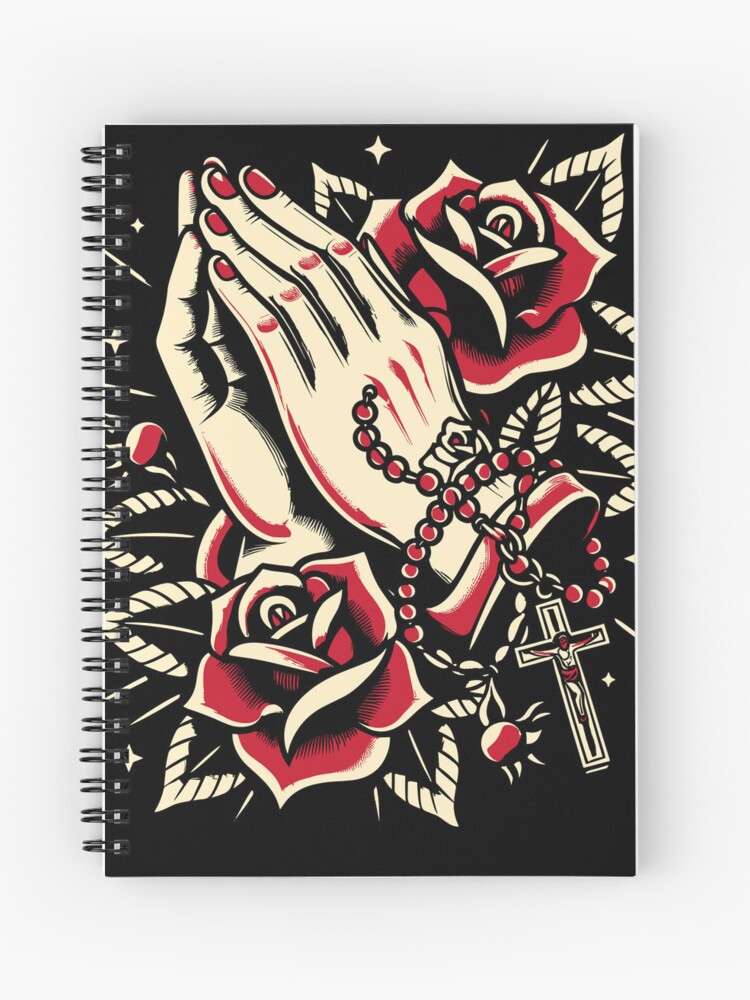 Rosary Tattoo, Praying Hands in Old School Tattoo Style