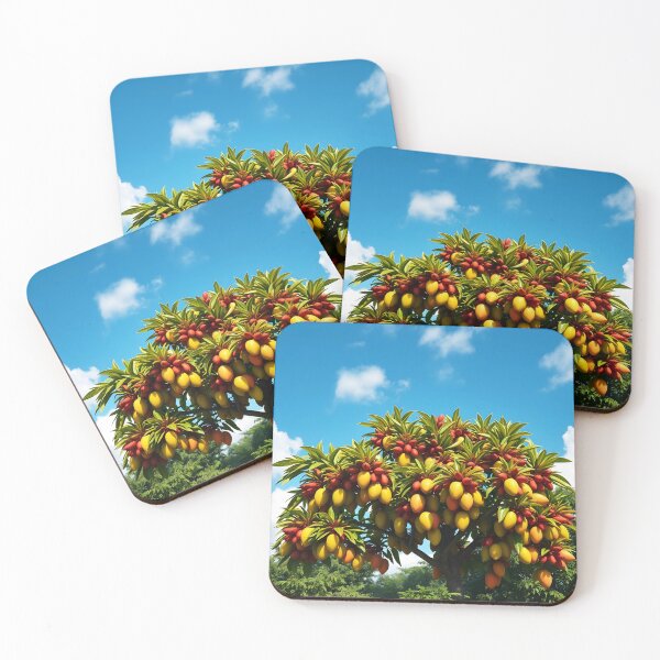 Item preview, Mango tree canopy with lots of ripe yellow fruits on under blue sky designed and sold by EmeraldeaArt.