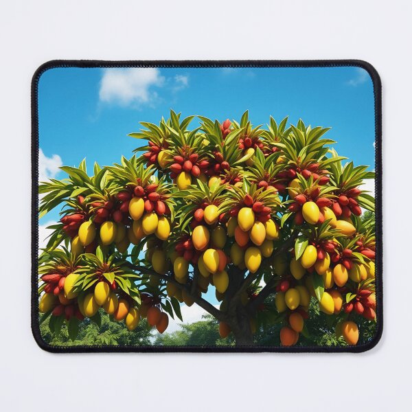 Item preview, Mango tree canopy with lots of ripe yellow fruits on under blue sky designed and sold by EmeraldeaArt.