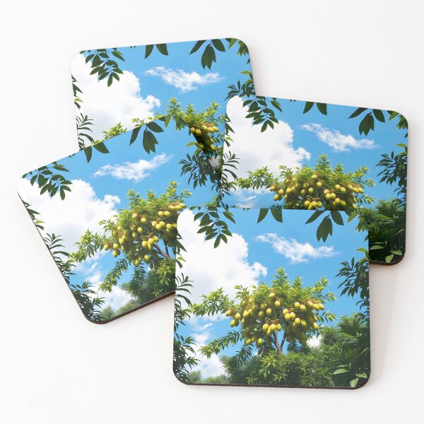 Item preview, Mango tree from low angle with ripe fruits and framed by dark green leaves designed and sold by EmeraldeaArt.