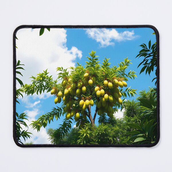 Item preview, Mango tree from low angle with ripe fruits and framed by dark green leaves designed and sold by EmeraldeaArt.