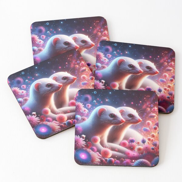 Item preview, Two cute white albino mongooses among pink purple fantasy floral against a universal ethereal galaxy backdrop designed and sold by EmeraldeaArt.