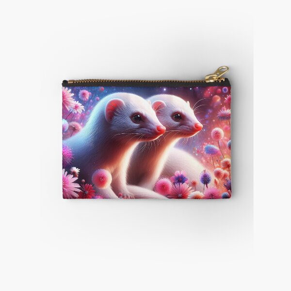 Item preview, Two cute white albino mongooses among pink purple fantasy floral against a universal ethereal galaxy backdrop designed and sold by EmeraldeaArt.