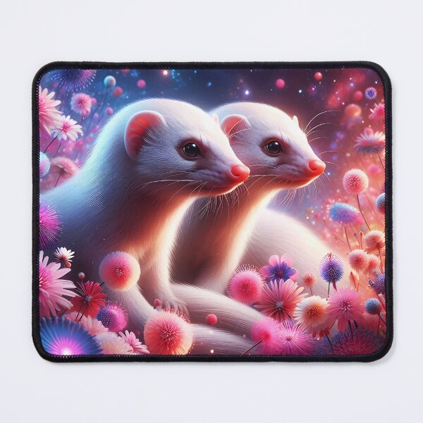 Item preview, Two cute white albino mongooses among pink purple fantasy floral against a universal ethereal galaxy backdrop designed and sold by EmeraldeaArt.