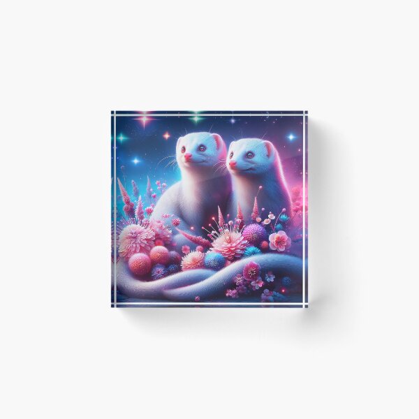 Item preview, Albino mongooses among pink flowers under sparkling fantasy sky digitalart designed and sold by EmeraldeaArt.