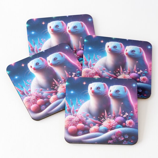 Item preview, Albino mongooses among pink flowers under sparkling fantasy sky digitalart designed and sold by EmeraldeaArt.