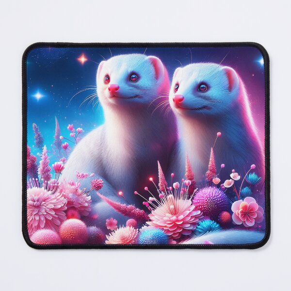 Item preview, Albino mongooses among pink flowers under sparkling fantasy sky digitalart designed and sold by EmeraldeaArt.