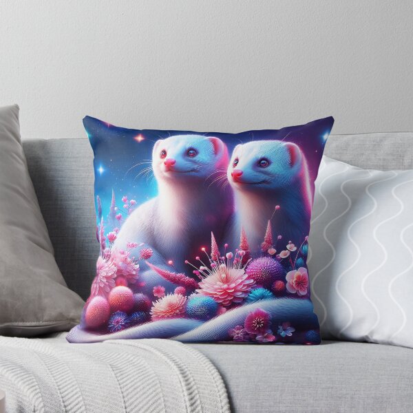 Item preview, Albino mongooses among pink flowers under sparkling fantasy sky digitalart designed and sold by EmeraldeaArt.