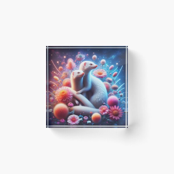 Item preview, White mongoose couple or siblings embracing among flowers in an ethereal galaxy backdrop digitalart designed and sold by EmeraldeaArt.