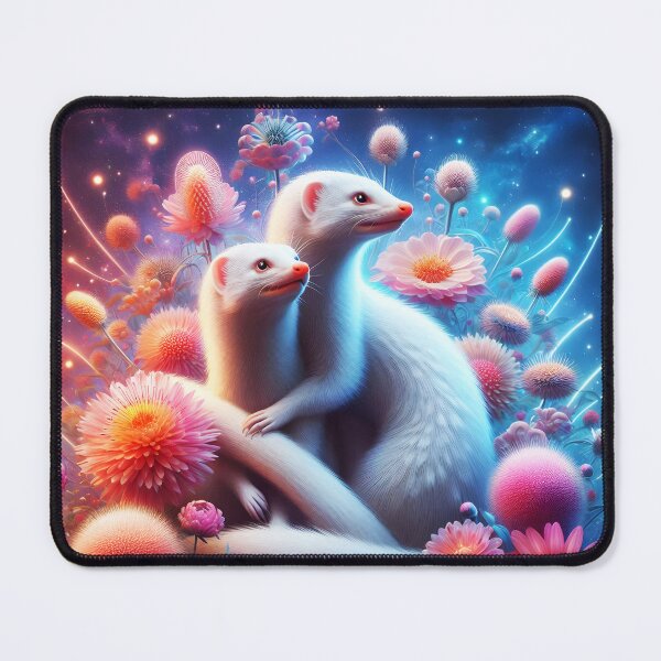 Item preview, White mongoose couple or siblings embracing among flowers in an ethereal galaxy backdrop digitalart designed and sold by EmeraldeaArt.