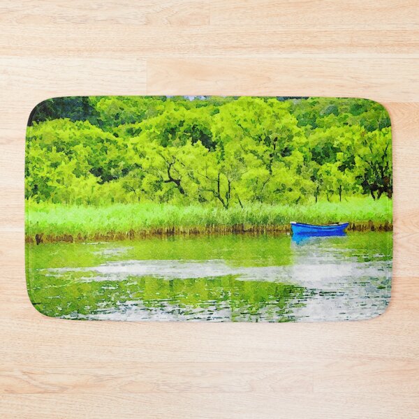 Item preview, Serene watercolor of Lough Leane with blue boat in lush landscape designed and sold by GestaltImagery.