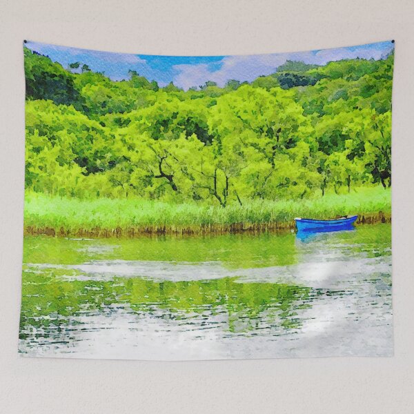 Item preview, Serene watercolor of Lough Leane with blue boat in lush landscape designed and sold by GestaltImagery.